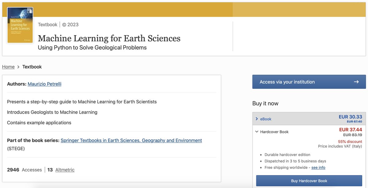 For the ‼️Cyber Sale at Springer Nature‼️ my two books: 'Machine Learning for Earth Sciences' (bit.ly/Petrelli_2023) and 'Introduction to Python in Earth Science Data Analysis' (bit.ly/Petrelli_2021) at 37 and 28 €, respectively!!! Use CYB23 at check-out!
