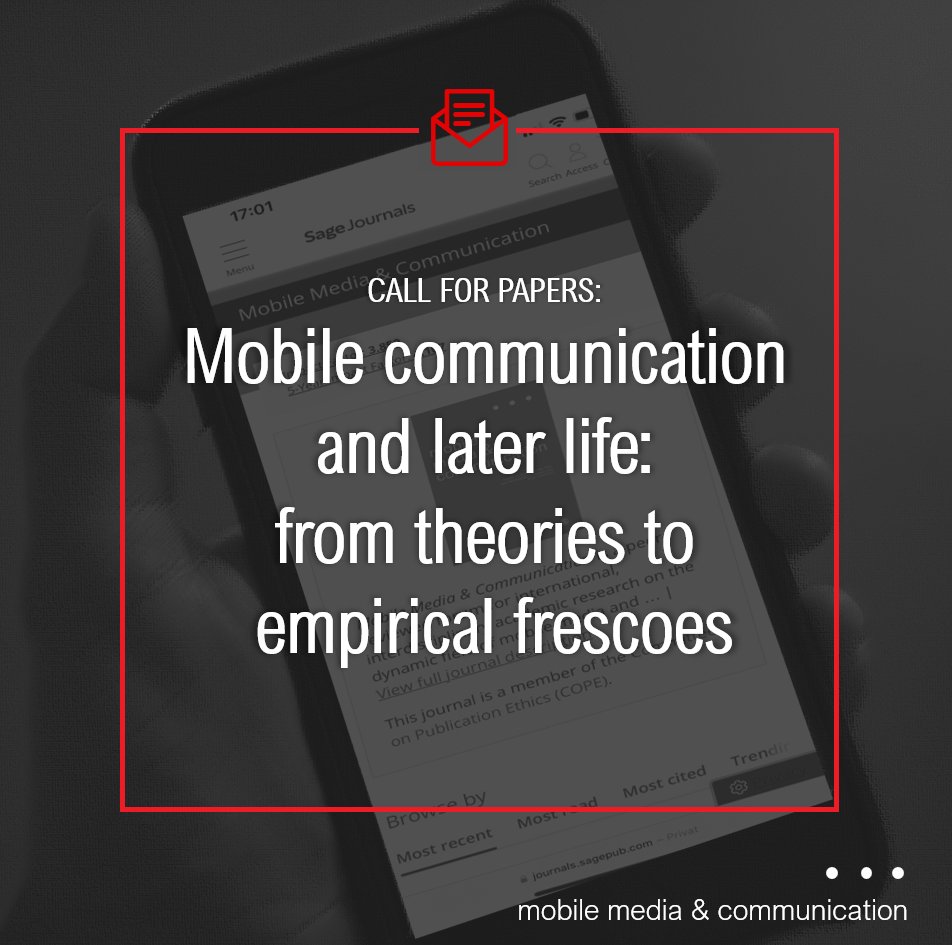 Mobile Media & Comm (@mobilemediacomm) on Twitter photo #Callforpapers for a #SpecialIssue on
"Mobile communication and later life: from theories to empirical frescoes"🧓👴👵
▪️ Abstract submission date: 15 Feb 2024
▪️ Guest editors: <a href="/mireia/">Mireia Fernández-Ardèvol</a> & <a href="/sakaritaipale/">Sakari Taipale</a>
CfP: journals.sagepub.com/pb-assets/cmsc…
Journal: journals.sagepub.com/home/MMC #Callforpapers for a #SpecialIssue on
"Mobile communication and later life: from theories to empirical frescoes"🧓👴👵
▪️ Abstract submission date: 15 Feb 2024
▪️ Guest editors: <a href="/mireia/">Mireia Fernández-Ardèvol</a> & <a href="/sakaritaipale/">Sakari Taipale</a>
CfP: journals.sagepub.com/pb-assets/cmsc…
Journal: journals.sagepub.com/home/MMC