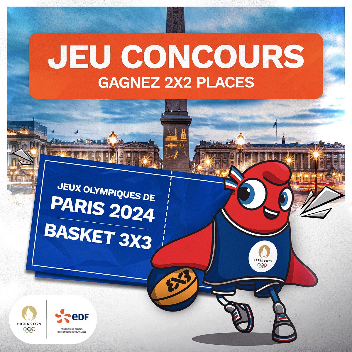 🎁 JEU CONCOURS 🎁 Le basket 3x3 va faire vibrer la place de la Concorde pendant les Jeux Olympiques de Paris 2024 🔥 Tentez de remporter 2️⃣ places⚡ Pour participer : ✅ Follow @energiedusport ✅ RT ce tweet TAS le vendredi 24/11 à 16h ⚡ Bonne chance à tous 🍀 #EnergieduSport