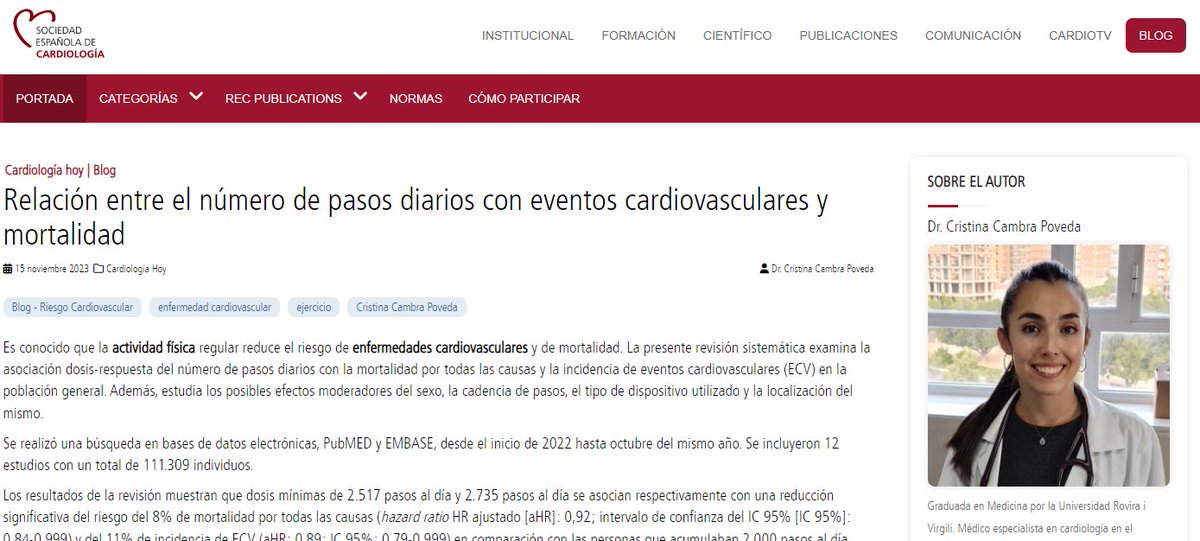 "Solo con aproximadamente 2.600 y 2.800 pasos al día se obtienen beneficios significativos en reducción de mortalidad e incidencia de eventos cardiovasculares", indica <a href="/CristinaCambra/">Cristina Cambra</a>. #BlogSEC @jovenesSEC ow.ly/lPRa50Q7NeR