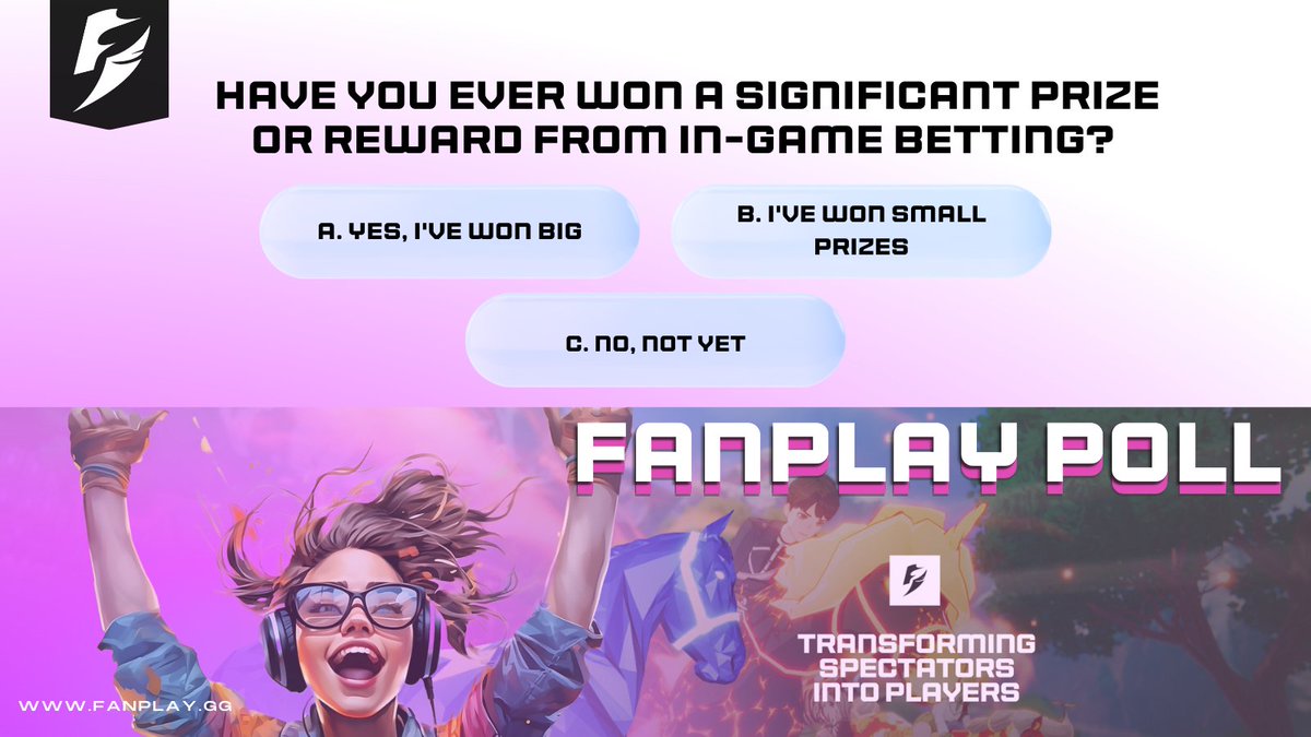Have you ever won a significant prize or reward from in-game betting?

🎮 Yes, I've won big
🕹 I've won small prizes
👾 No, not yet

#ResponsibleGaming #BetDiverse #FANPLAY #EsportsBetting #Web3Gaming #web3