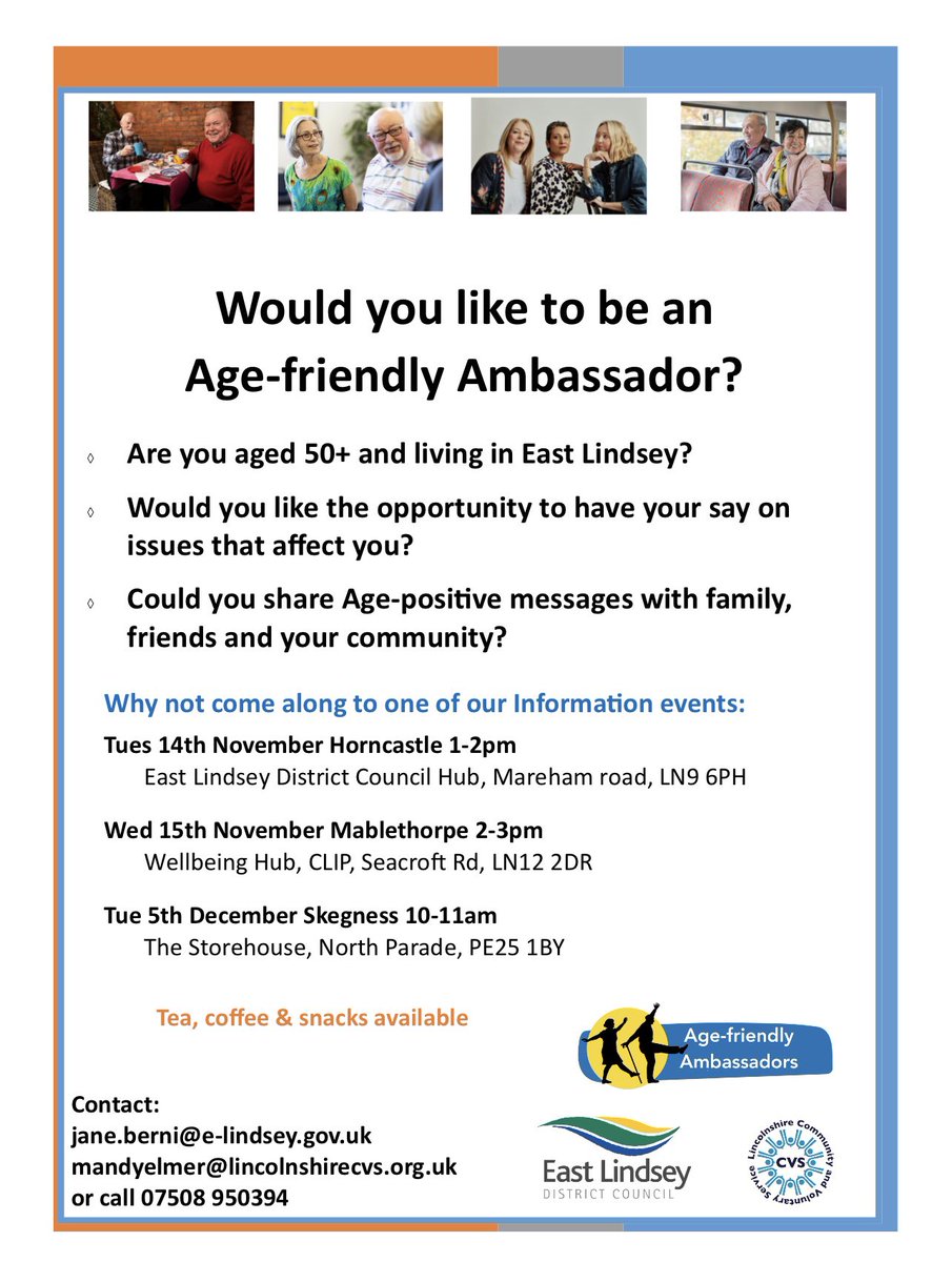 Could you be an Age Friendly Ambassador. Join Jane in Mablethorpe this afternoon and see how you can support our communities. #agefriendly #AgeAmbassador #AgeingBetter @EastLindseyDC @CllrWilliamGray @MagnaVitae @Lincs_Training @sos_beachcare @wass74 @LincsWoldsAONB
