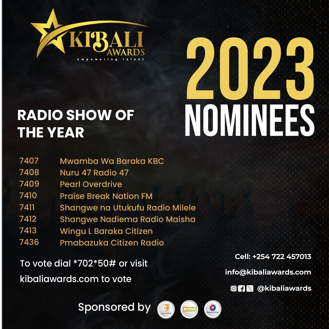 The #KibaliAwards2023 are here. Its time to celebrate your favorite Gospel Radio show of the year. To Vote for your favorite Radio show: Dial *702*50#  or visit kibaliawards.com
For more information check out <a href="/kibaliawards/">Kibali Awards</a>                                #KibaliAwards2023
