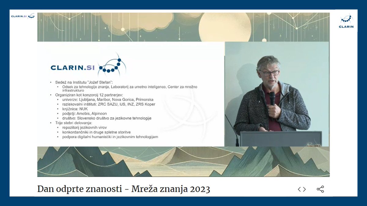 ClarinSlovenia's tweet image. Počaščeni smo, da so na Dnevu odprte znanosti 2023 (@openscienceSLO) med Zgodbe o uspehu uvrstili infrastrukturo CLARIN.SI. Dr. Tomaž Erjavec je predstavil glavne stebre delovanja naše infrastrukture in nekaj ključnih nedavnih uspehov:
🧵
