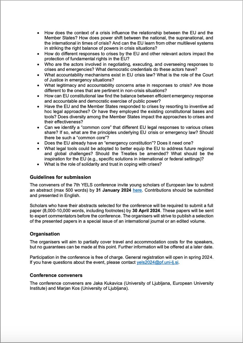 📢7th Young European Law Scholars (YELS) Conference Call for Papers📢 Excited to announce that the 7th edition of the YELS conference will take place on 6-7 June 2024 in Ljubljana. Abstracts due 31 January 2024. Call for papers below and here: pf.uni-lj.si/media/yels_cal…