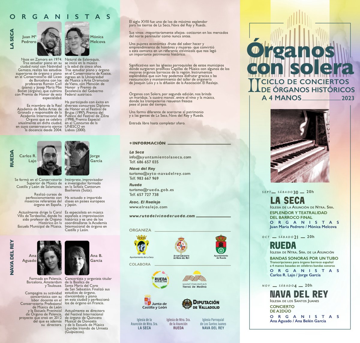 📢👉Manaña tenemos en #NavadelRey la #Clausura del II #Ciclo de #conciertos de #órganoshistóricos a 4 manos: #Órganos con solera. Sábado 4 de Noviembre, 20 h  

Tienes toda la programación en:
provinciadevalladolid.com/.../%C3%93rgan…...

Puedes ver todos los Eventos tierrasdemedina.com/agendadeevento…