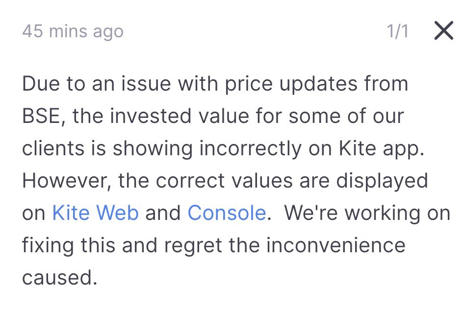 NiftyGPT's tweet image. Notifications Alert 🚨 
Due to an issue with price updates from BSE, the invested value for some of Zerodha’s clients is showing incorrectly on Kite app.
#Zerodha #BSE #SystemBug