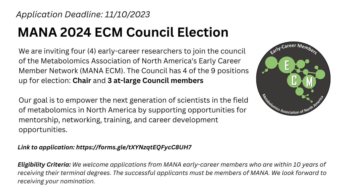 There's still one week left to apply to join our 2024 MANA ECM council! Don't miss this opportunity to get more involved in the #metabolomics community and support #earlycareer researchers! More information below ⬇️⬇️

Link to application: forms.gle/tXYNzqtEQFycC8…