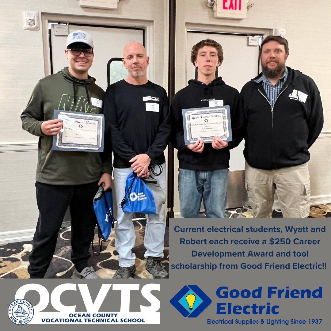 Congratulations to Wyatt and Robert on their awards and tool scholarships! They are pictured with their instructors, Tom Allen and Kristian DesJardin at the electrical trade show hosted by Good Friend Electric! Thank you Good Friend for supporting <a href="/OCVTS/">OCVTS</a>! #ocvts #cte #electrician