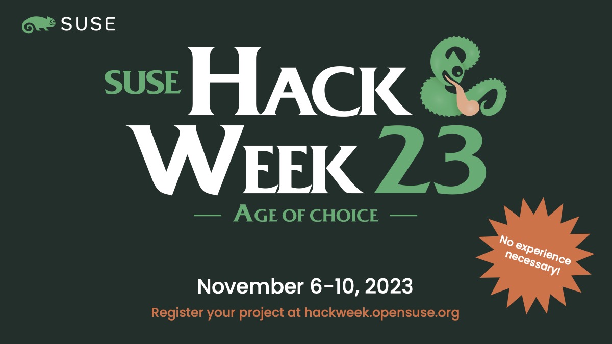 🤩SUSE #HackWeek 23 kicks off on Monday. Are you ready? Our theme this year is Age of Choice, and everyone is welcome! During Hack Week, people from different teams within SUSE join forces with the #OpenSource community to focus on exciting new projects.👉okt.to/5JLcBb.