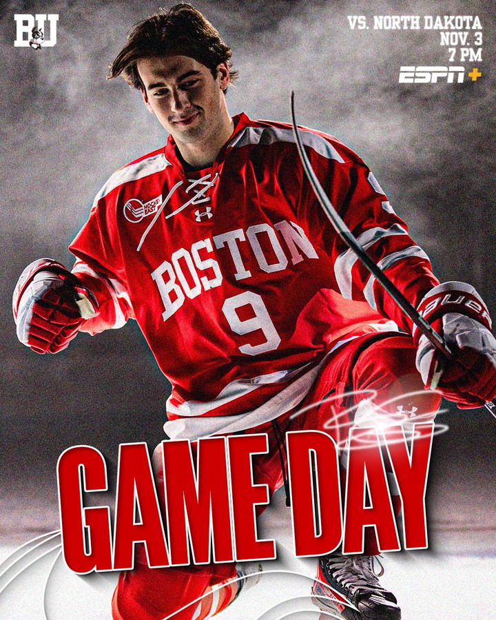 Game day graphic featuring posed photo of Ryan Greene on one knee pumping his fist in celebration. BU vs. North Dakota, Nov. 3, 7 PM on ESPN+