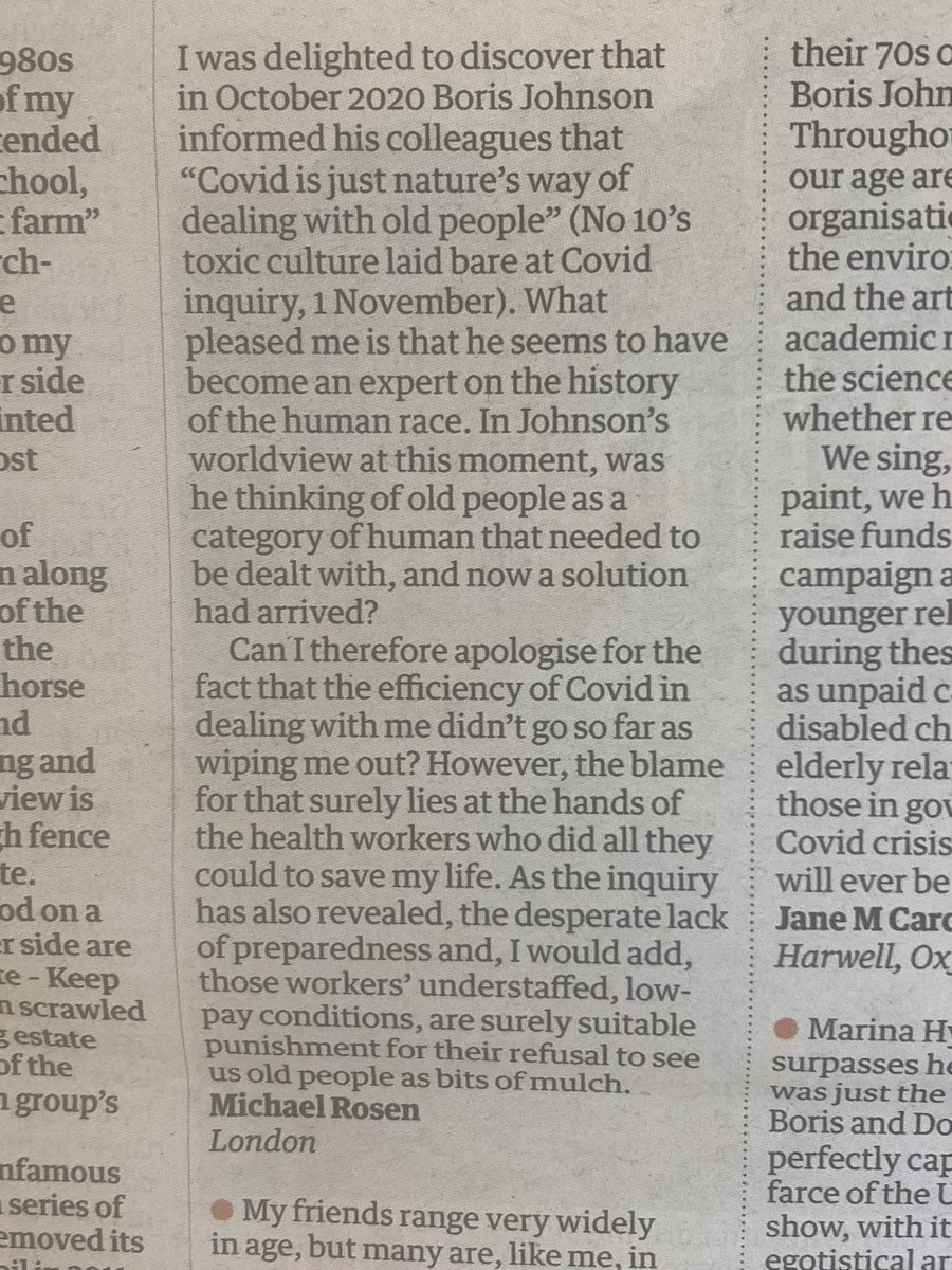 riotgrandma72's tweet image. 😡💔😡💔😡💔😡💔😡💔
I cannot agree more with @MichaelRosenYes !
(Guardian letters).

Every ‘old person’ has value, right to live, and life experiences to share. Shame on Boris Johnson, who claims to be a Christian.
“Thou shalt not kill”

#CovidEnquiryUK