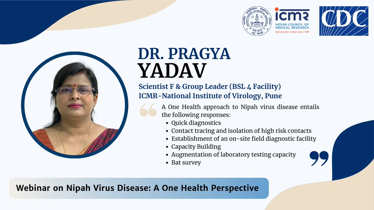 ICMRDELHI's tweet image. Dr. Pragya Yadav, Scientist F @icmr_niv, an expert in the field of of Virology and new pathogen discovery, shares the challenges and steps taken towards #OneHealth responses to containing #Nipah virus disease in the country
@hellopragya22