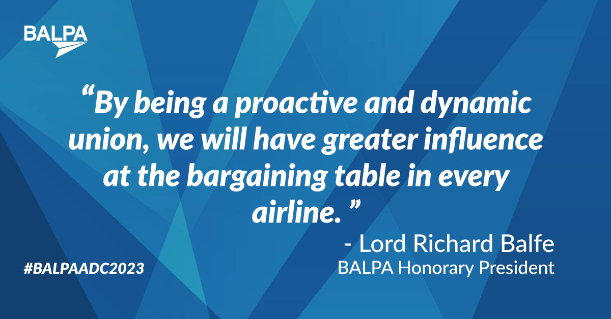 'Unity is strength' - Emphasising the importance of building relationships and a collective voice for pilots, Lord Richard Balfe, BALPA's Honorary President, presented the keynote speech at ADC 2023. #BALPAADC2023 #buildingrelationships #aviation #pilots #union #flightsafety