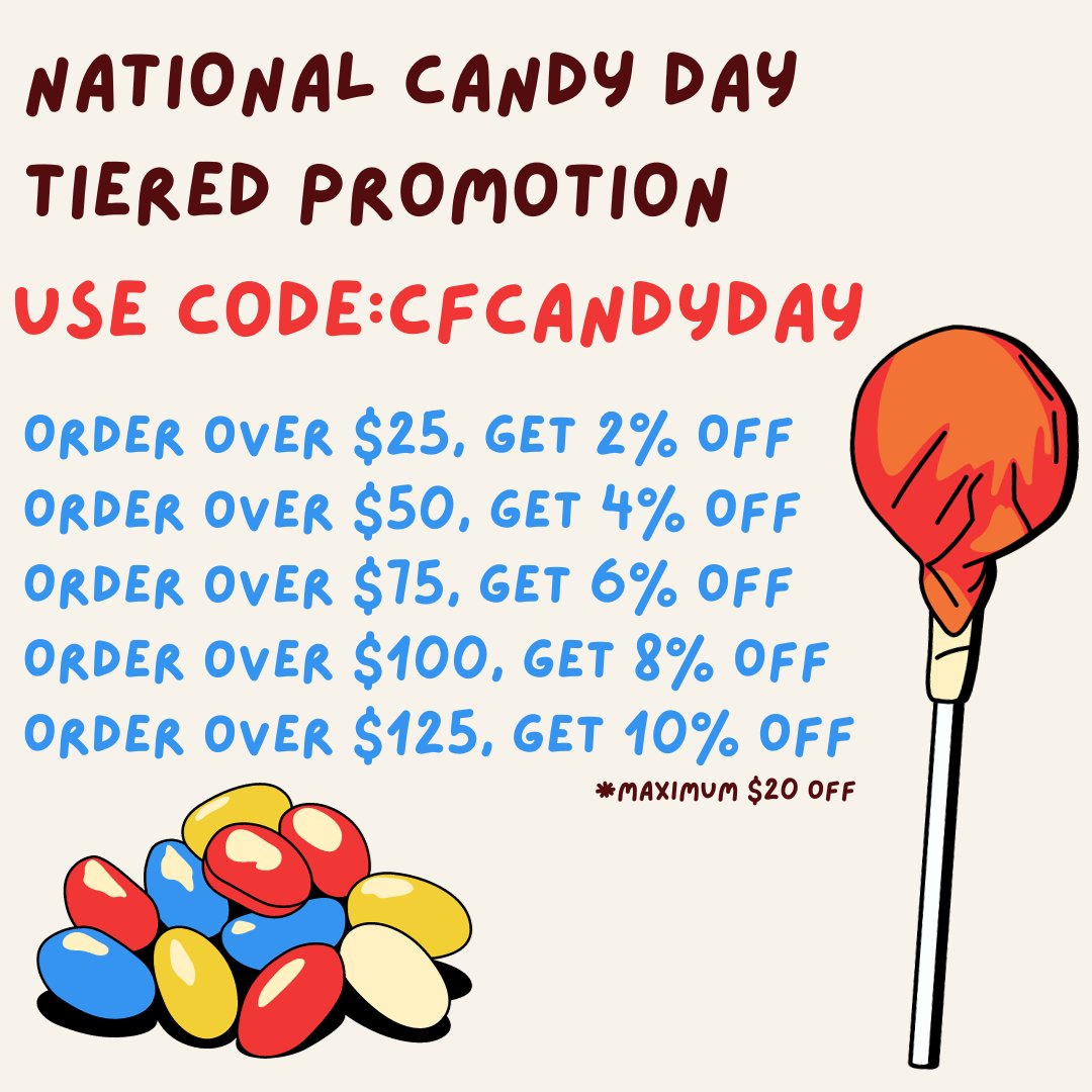 4CandyFavorites's tweet image. Starting today through Sunday, take advantage of our National Candy Day Tiered Promotion to celebrate all that candy does for us! Use code "CFCANDYDAY" at checkout. #nationalcandyday #candysale