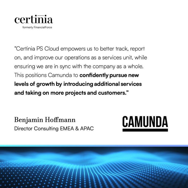 Leveraging <a href="/CertiniaInc/">Certinia</a> capabilities, Berlin-based <a href="/Camunda/">Camunda</a> achieved stronger growth and scalability in their service offerings. Dive into the #CustomerSuccess quote below and learn how we can help you #BeCertain: bit.ly/3DzlixR 

#Certinia #ServicesAsABusiness #PSA