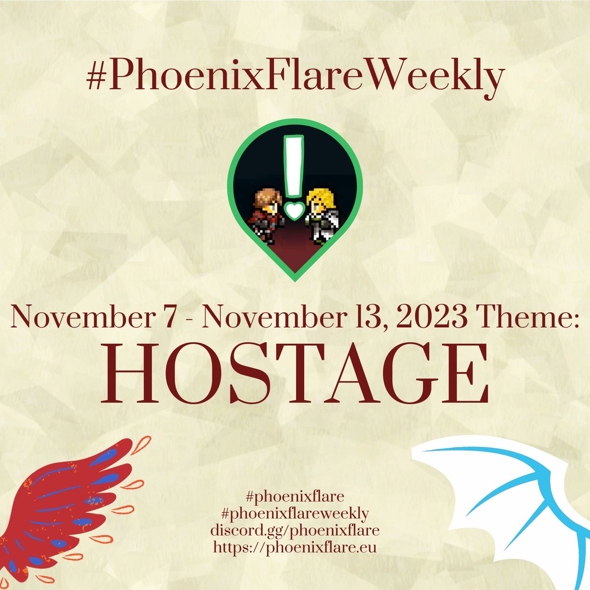 PhoenixFlareXVI's tweet photo. This week's #PhoenixFlareWeekly prompt is "Hostage"!
Tag your creations with @PhoenixFlareXVI and #PhoenixFlareWeekly and drop your contributions in the comments! #PhoenixFlare π¦π
FAQ: https://t.co/9lDOEr92zM https://t.co/sWC28tCzIb