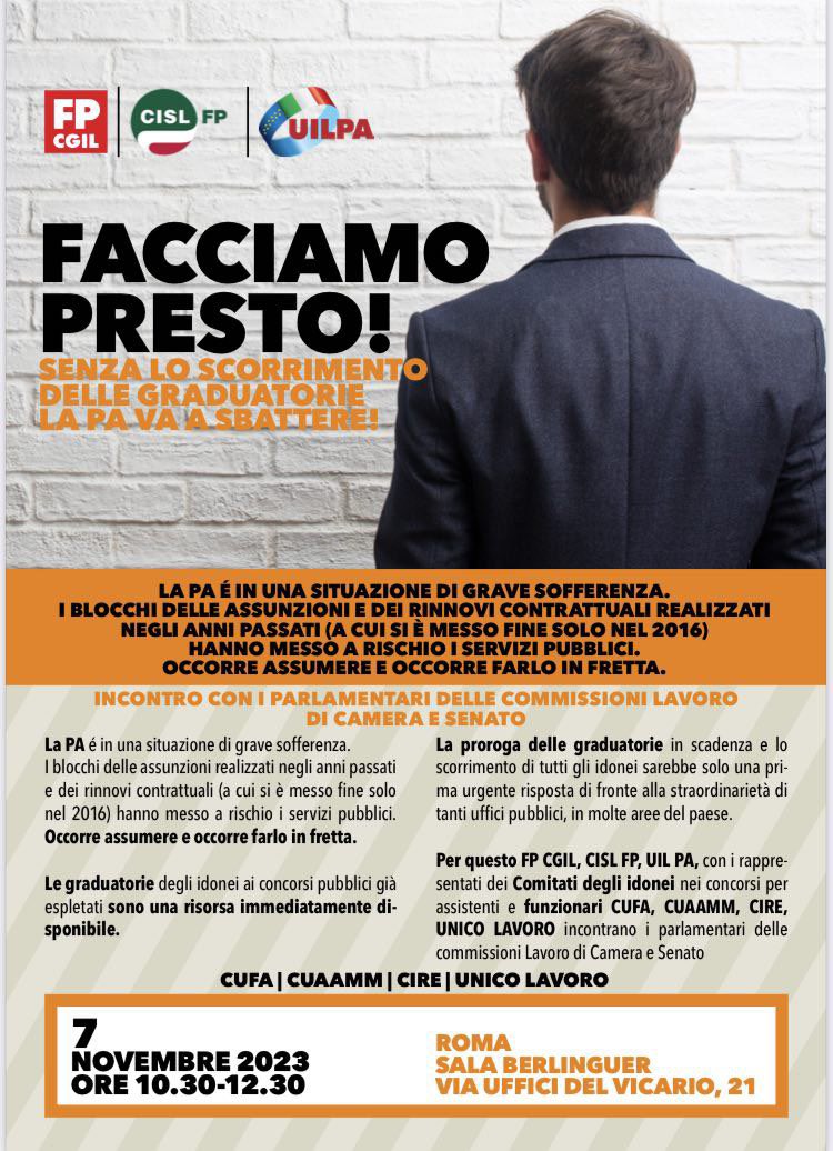 La P.A. è in una situazione di grave sofferenza: senza lo scorrimento delle graduatorie, tanti uffici rischiano la chiusura. 
FACCIAMO PRESTO!