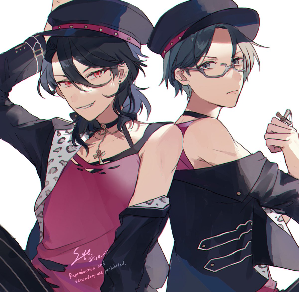 multiple boys 2boys male focus red eyes black hair hat glasses  illustration images