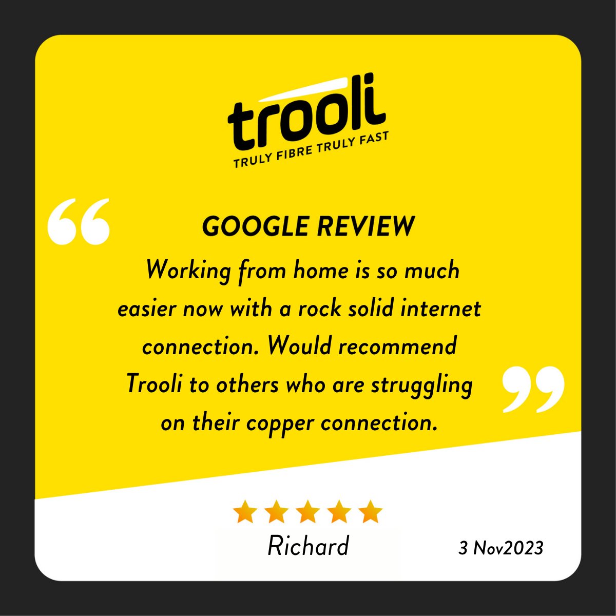 TrooliFibre's tweet image. Richard found his work-from-home sanctuary with Trooli's rock-solid broadband. Ready to leave copper connections behind?  g.co/kgs/mwLFF4 

#feedbackfriday #positivefeedback #fttp #fttpbroadband #fibreoptic #broadbandservices