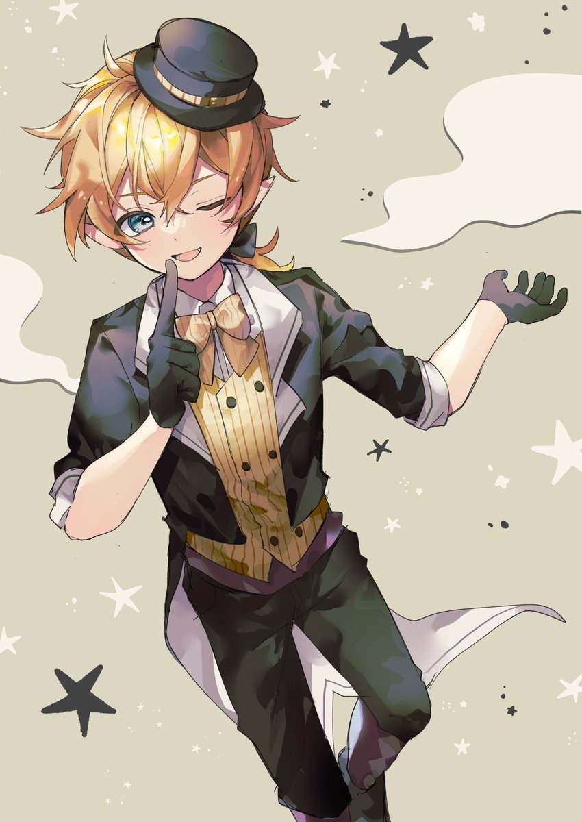 kagamine len one eye closed 1boy hat male focus gloves bowtie blonde hair  illustration images