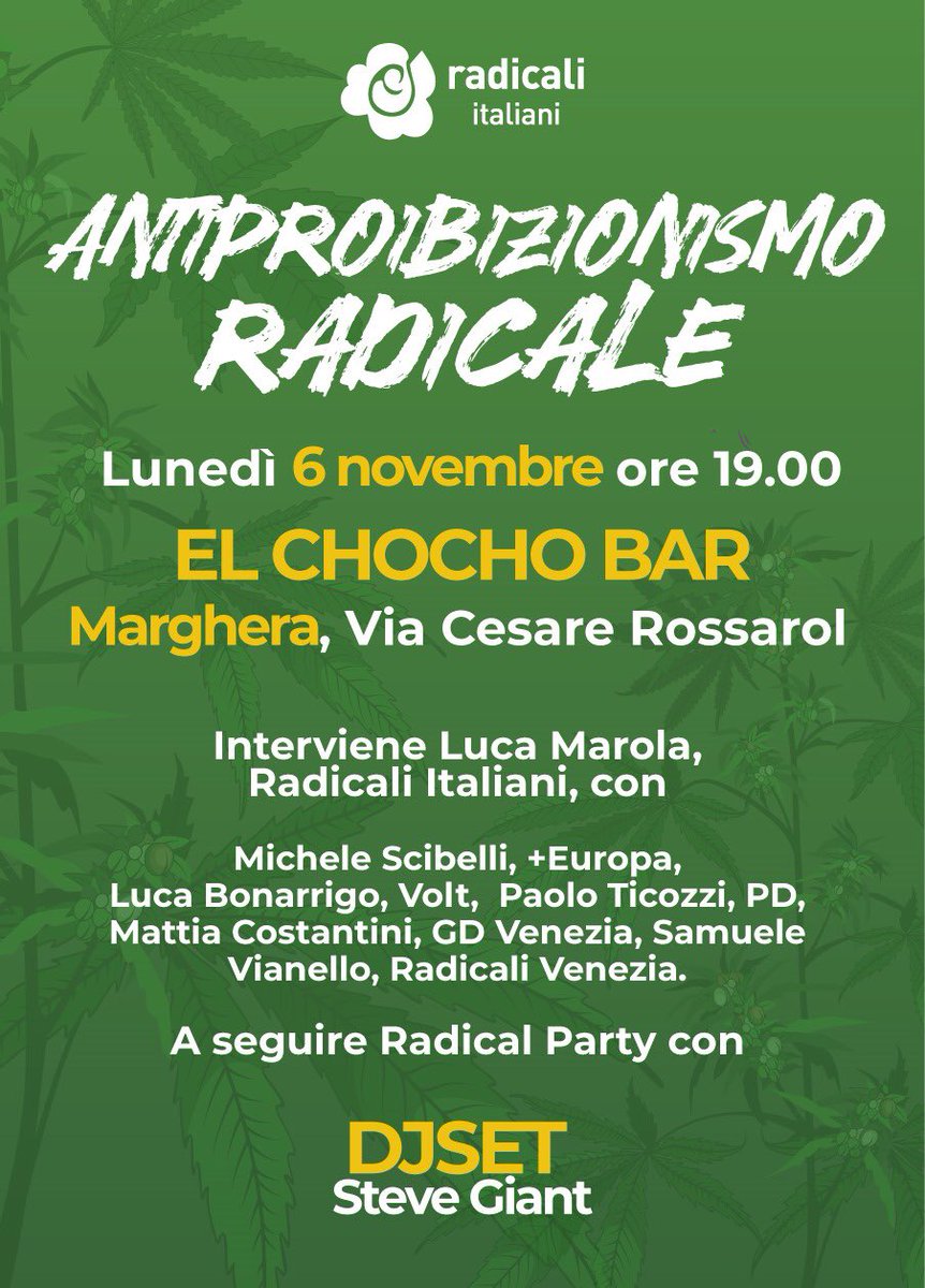 ANTIPROIBIZIONISMO RADICALE
Lunedì 6 a Marghera 

<a href="/Blowjoint/">Peppe 'Coffee' Brescia</a> <a href="/SpinellidItalia/">Spinelli d’Italia 🇮🇹</a>