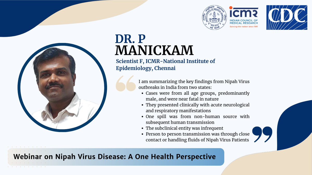 ICMRDELHI's tweet image. Dr. P Manickam, Scientist F @icmr_nie, an expert in outbreak science, surveillance and response,  shares the epidemiological aspect of  #Nipah virus outbreaks in India. @pmanickam