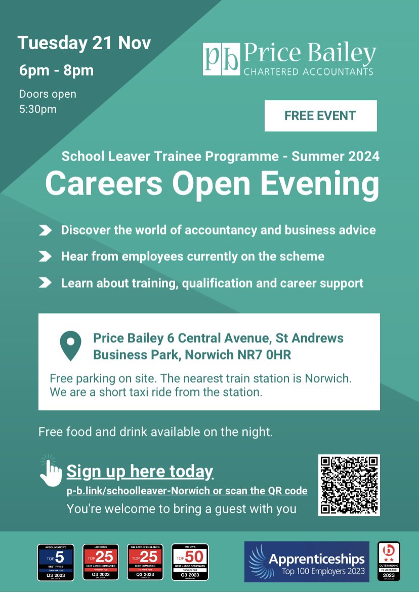 Students @cns_school <a href="/CNS6F/">CNS 6TH FORM</a> 
<a href="/Price_Bailey/">Price Bailey</a> Chartered Accountants have a careers open evening on Tuesday 21st November 

Please register using the link below if you would like to attend, you are welcome to take a guest with you.
careers.pricebailey.co.uk/jobs/event/sch…