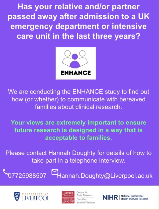 PRONTO Trial (@pronto_trial) on Twitter photo It would be gratefully appreciated if you can share this advert or pass on information to patients for participation in the <a href="/EnhancStudy/">Enhance Study</a>. It only entails a quick chat with the quali researcher. Please email Hannah.Doughty@liverpool.ac.uk if you can help!
Thankyou! It would be gratefully appreciated if you can share this advert or pass on information to patients for participation in the <a href="/EnhancStudy/">Enhance Study</a>. It only entails a quick chat with the quali researcher. Please email Hannah.Doughty@liverpool.ac.uk if you can help!
Thankyou!