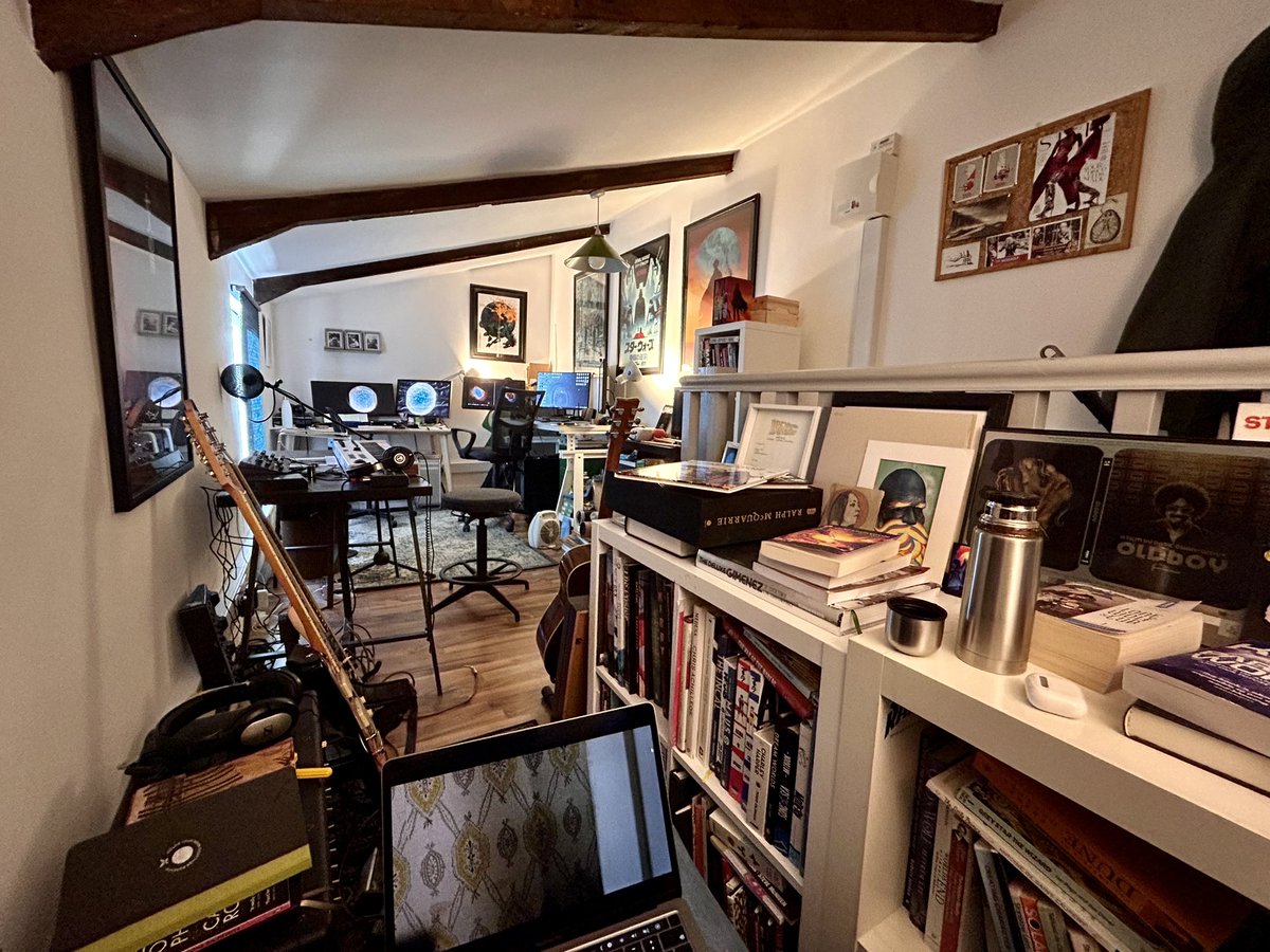 mattgriffinart's tweet photo. In my studio built for (&amp; thanks to) art. Made for multimedia creation. Surrounded by books filled with inspiration. Watching movies for work. Friday. Unbothered. Moisturized. Happy. In My Lane. Focused. Flourishing (mostly). https://t.co/ppGd6VCGxB