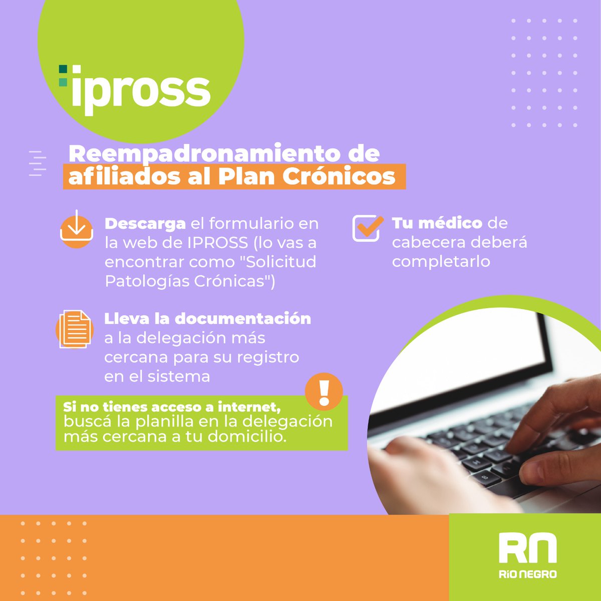 rionegrogob's tweet photo. ¿Estas afiliado/a al Plan Crónicos del #IPROSS ? 
👉 Si te empadronaste en el 2019 o antes, es necesario que renueves tu solicitud para seguir recibiendo la cobertura del Programa.

Acá te contamos como hacerlo 👇 https://t.co/2PdVFHu1OT