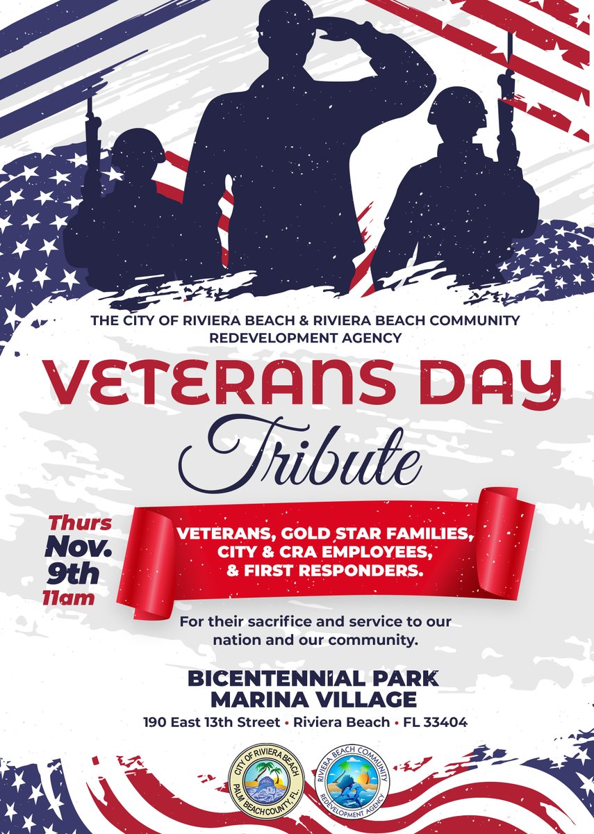 Rivierabch's tweet photo. 🎖️ Join us for a special Veterans Day Tribute program at Bicentennial Park Marina Village! 🇺🇸
📅 Thursday, Nov 9th, 11am 🕚
Let's honor and celebrate the brave individuals who have served our country. 🙌❤️🤍💙
#VeteransDay #TributeProgram #HonoringHeroes https://t.co/SxFmGK76lL