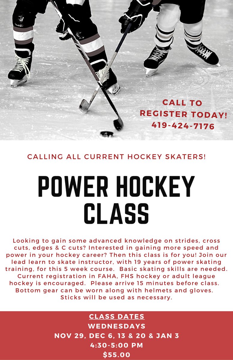 FindlayRec's tweet image. Are you a hockey player looking to gain more speed &amp;amp; power? Join our lead learn to skate instructor for this 5 week power hockey class! Class will take place on Wednesday nights from 4:30-5pm.  See the flyer below for more details. Basic skating skills are needed for this class.