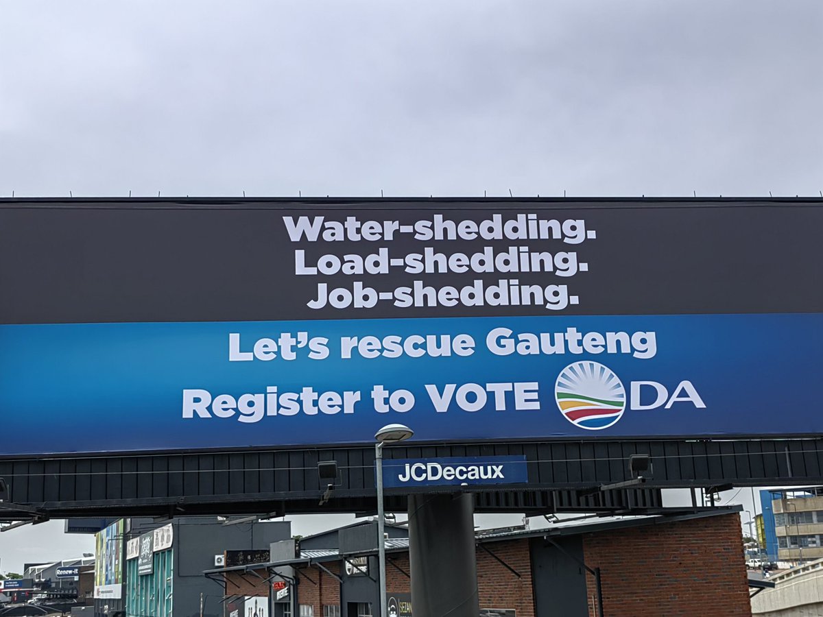 Our_DA's tweet photo. Today, the DA unveiled our first registration billboard in Gauteng. 

This symbolises our mission to rescue South Africa. It's time to end the ANC's load-shedding, water-shedding, and job-shedding. Join us in building a better nation.

📲 https://t.co/jtEfgsXyGL https://t.co/XKtHm1RcFl
