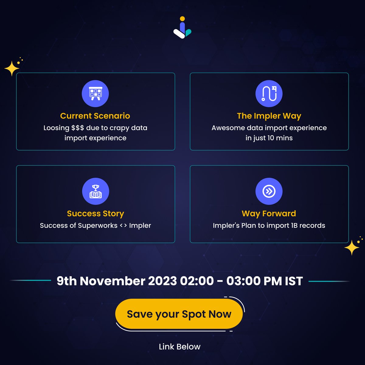 implerio's tweet photo. Excited about event? Here's glimpse of what's going to happen:

Join us on November 9th at the Impler Mega Launch Event !

Link to register: https://t.co/kdzJytoc3T!

#implerlaunch #dataautomation #innovationwithimpler #efficiencymatters #implerdemo https://t.co/CF35exUohO