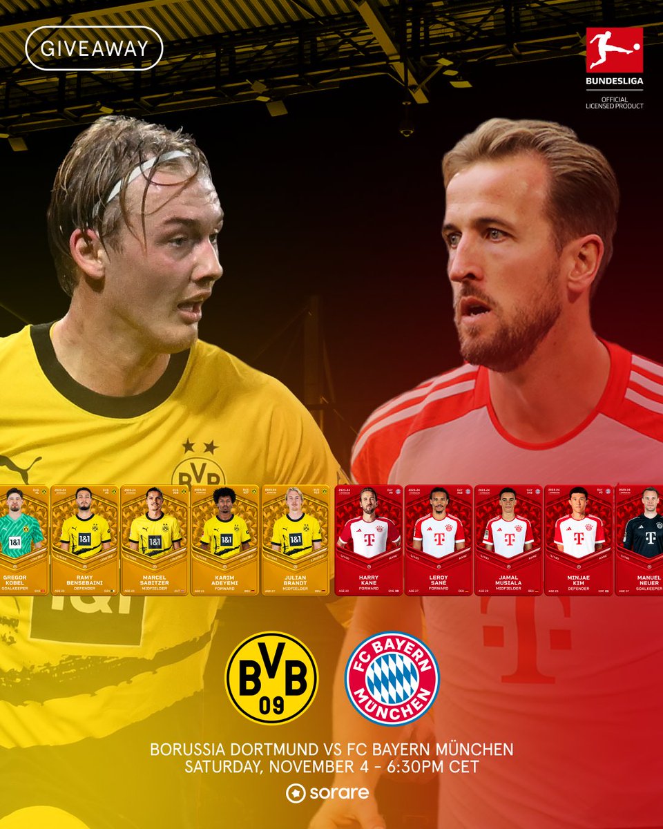 Who’s ready for #DerKlassiker? ⚔️🔥

Enter our predictor game for a chance at 2 tickets to a <a href="/Bundesliga_EN/">Bundesliga English</a> game of your choice! 

- RT + Follow <a href="/Sorare/">Sorare</a>
- Predict the final result
- Predict the MVP (highest Sorare score)