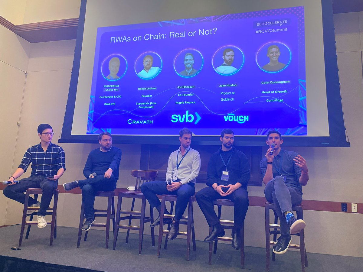 #RWAs on Chain: Real or Not ? TLDR: All real world assets will eventually come on chain, BUT it will take time ⏱️⬇️ Great conversation @hcnyc with @rleshner @superstatelabs with @CharlieYouAI @joe_defi @ctcunning @centrifuge @bloccelerate #BCVCSummit #BCVCSummit2023