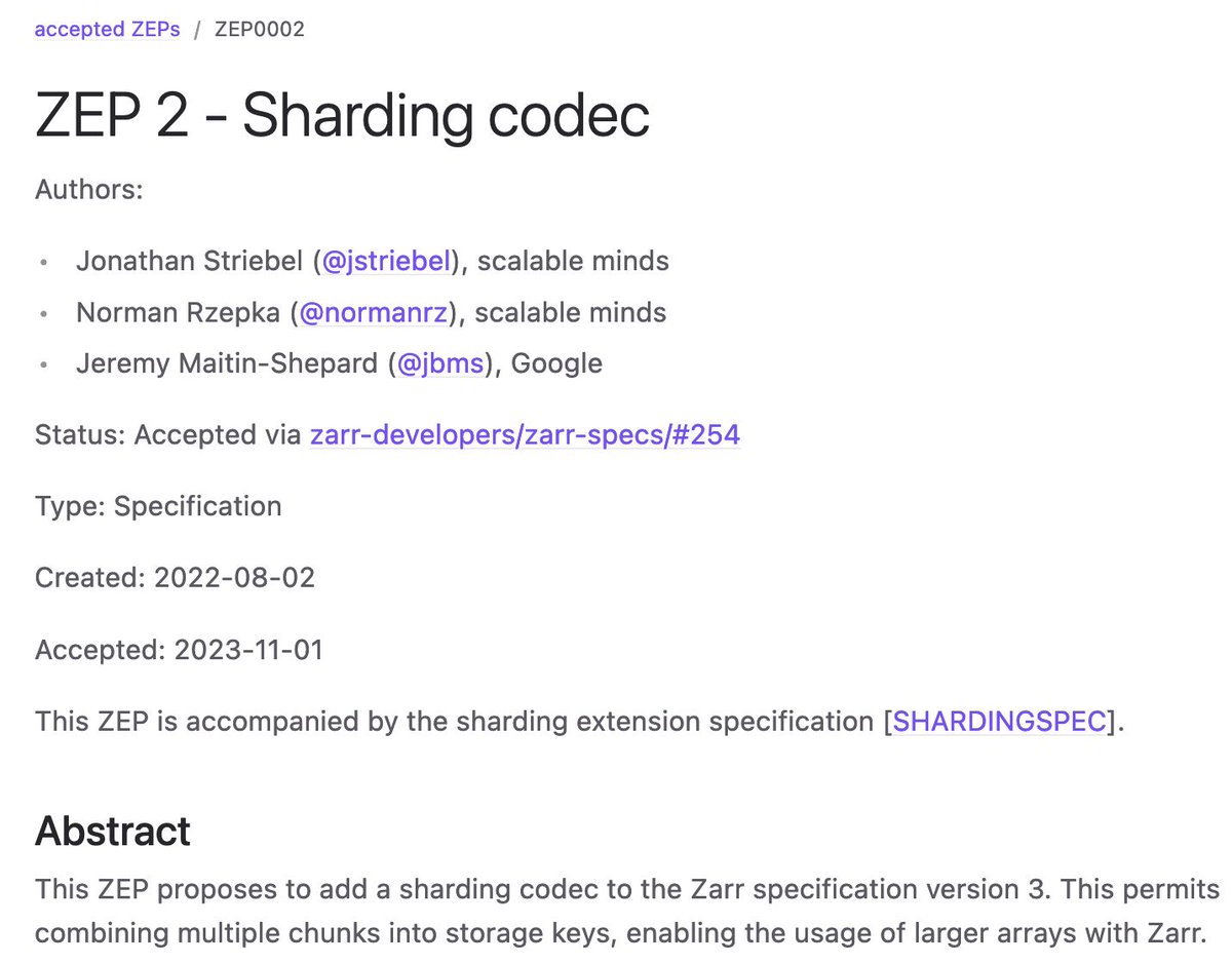 Hi Zarrites! 👋🏻 

🎉  We've something exciting to share! 🎉 

The ZEP0002 (Sharding) proposal has been officially accepted by the steering and implementation council. 🥂 

Another win for <a href="/zarr_dev/">zarr_dev</a>'s ZEP (buff.ly/3MphEeA) Process! 💪🏻

Thanks a lot, everyone! 🙏🏻