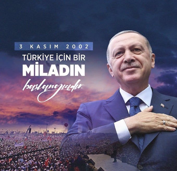 “3 Kasım 2002 Türkiye için bir miladın başlangıcıdır…”

#MilleteHizmetYolunda Cumhurbaşkanımız Sn. @RTErdogan liderliğinde yola çıkan AK Partimizin iktidara gelişinin 21. yıldönümü kutlu olsun.