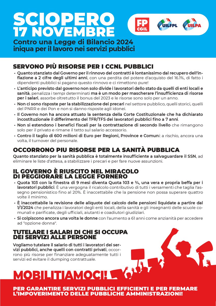 FpCgilNazionale's tweet image. 🟥 SCIOPERO 17 NOVEMBRE: Contro una Legge di Bilancio ingiusta per il lavoro nei servizi pubblici

👎 Poche risorse per i contratti pubblici
👎 Insufficienti quelle per la sanità pubblica
👎 Peggiorate le pensioni

📢 Mobilitiamoci per garantire servizi efficienti ai cittadini!