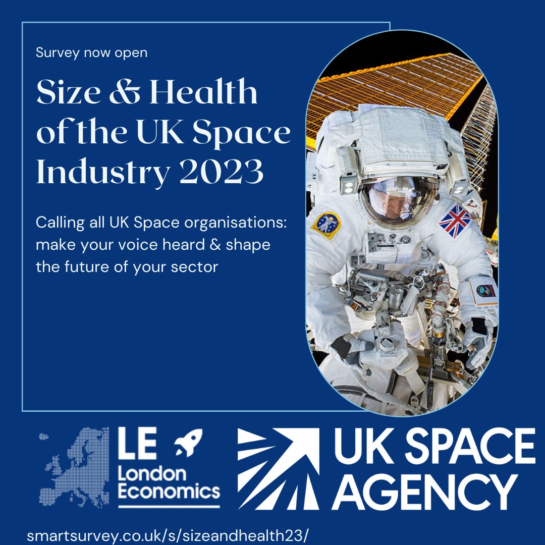 The Size and Health of the UK Space Industry 2023 survey is open! 🚀 The survey, run by @LondonEconomics on our behalf, will help us track growth in the UK space sector, and identify constraints. ✍️ Closes 1 December 📆 Have your say 👉 smartsurvey.co.uk/s/sizeandhealt…