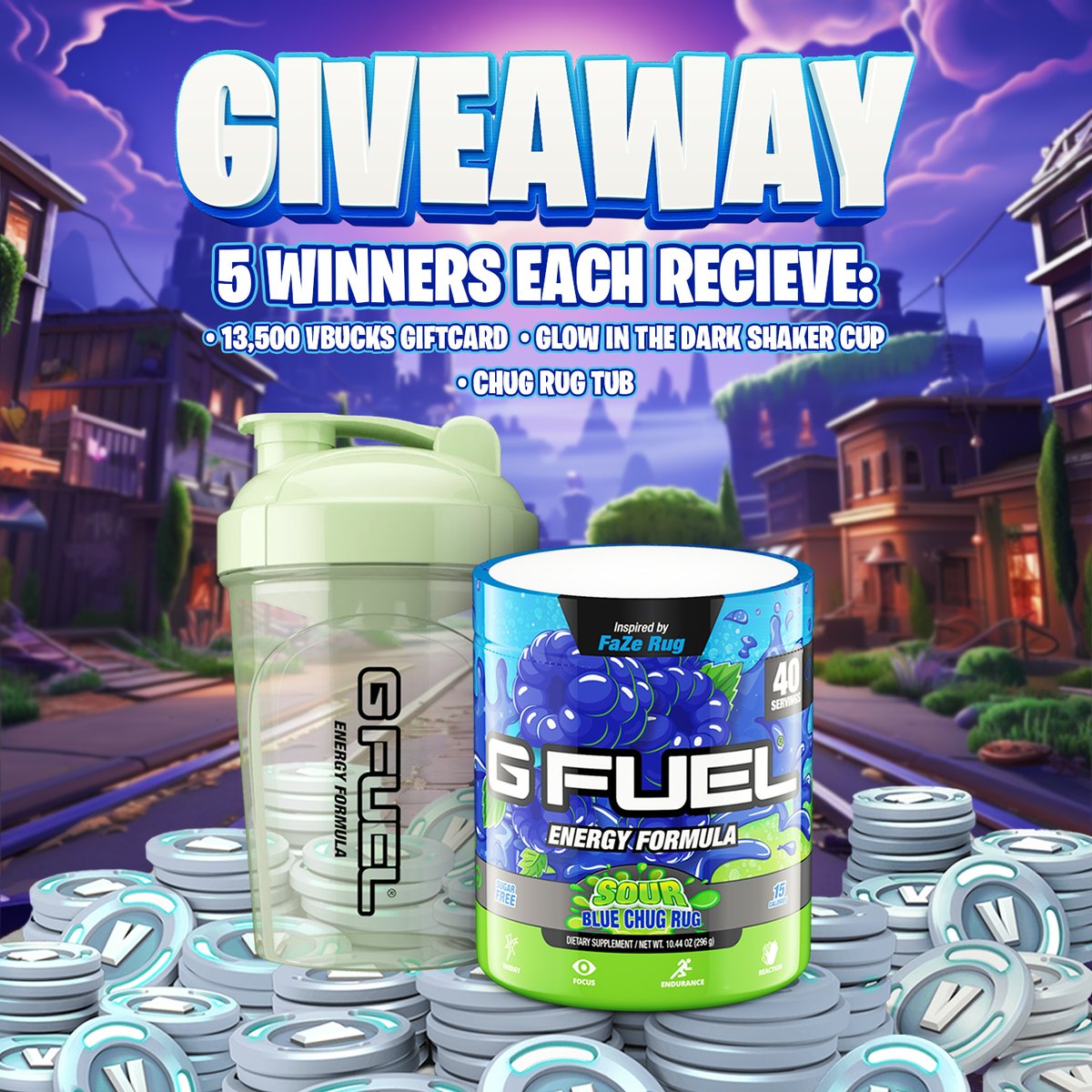 💙 𝗥𝗧 + 𝗙𝗢𝗟𝗟𝗢𝗪 TO WIN A #Fortnite + #GFUEL SUPPLY DROP BUNDLE!!! 🤩 5 winners picked on Monday to celebrate #FortniteOG! 🛒 𝗦𝗛𝗢𝗣 𝗚 𝗙𝗨𝗘𝗟: GFUEL.ly/new-arrivals