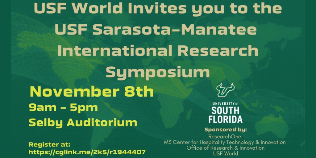 USFResearch's tweet image. Check out the University of South Florida Sarasota-Manatee International Research Symposium presented by USF World on Nov. 8 from 9 a.m. to 5 p.m. in the Selby Auditorium. Register at: ow.ly/LigL50Q2zvQ  #USFSarasotaManatee #InternationalResearchSymposium #USFWorld