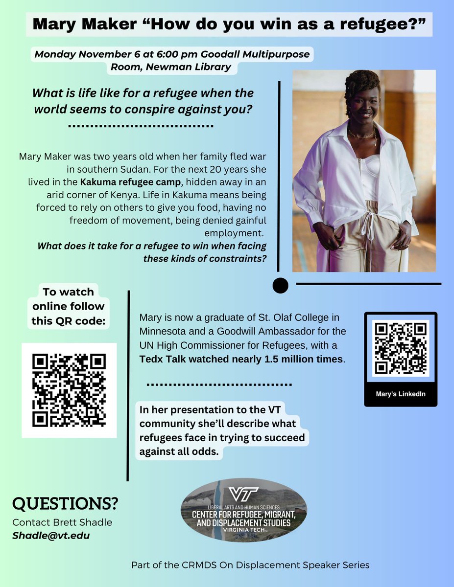 Join us for Mary Maker's talk 'How do you win as a refugee?' next week! This talk will be held on Monday, November 6 at 6 p.m. in Newman Library's Goodall Multipurpose room. You can find more information in the flyer below!