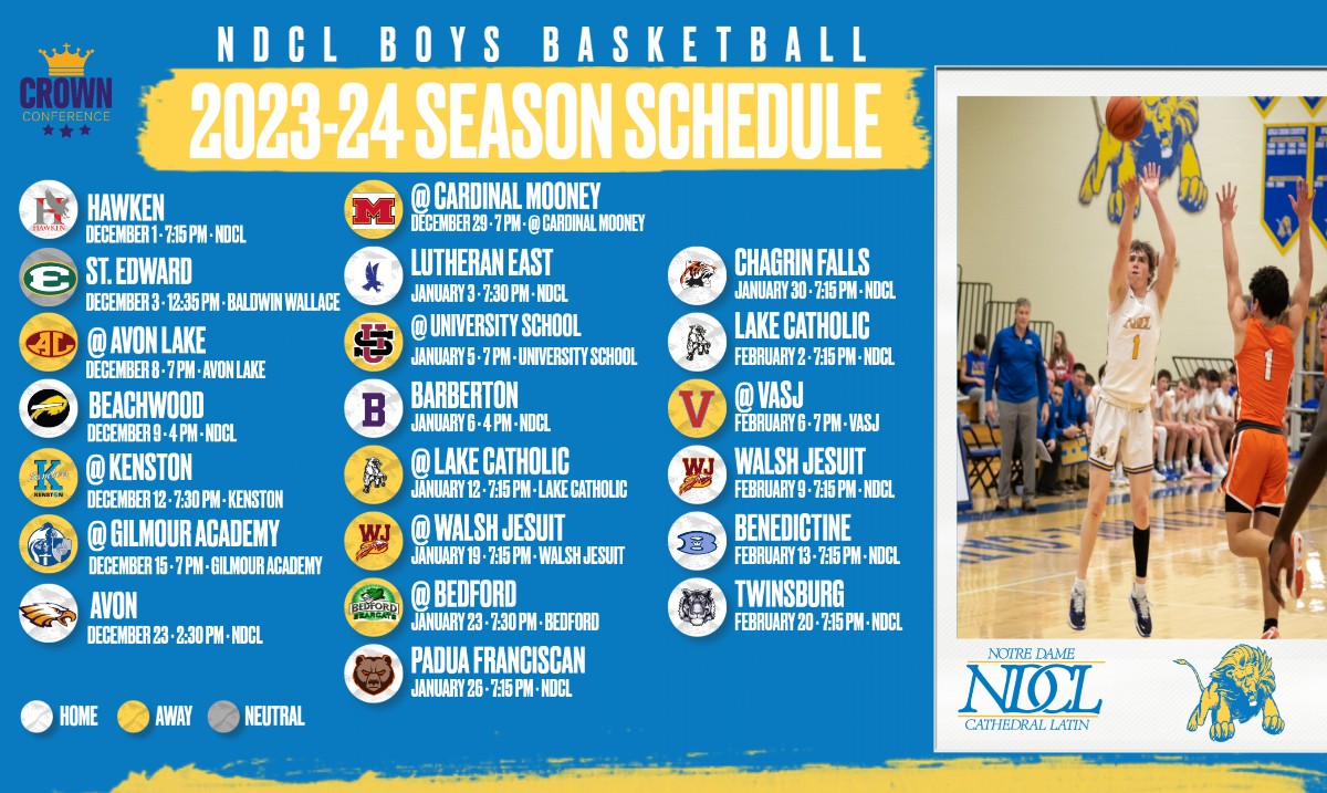 The 2023-24 Boys Basketball season is officially here! Check out their regular season schedule here and on ndclathletics.org. JV and Freshman schedules are also posted. Go Lions!

#WeAreNDCL