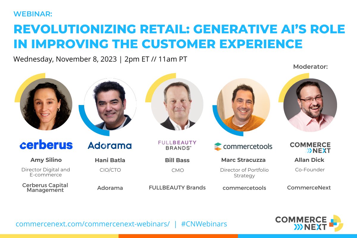 Join <a href="/commercetools/">commercetools</a> in exploring the future of retail with Generative AI! Our own @MarcStracuzza will join a dynamite panel from <a href="/CommerceNext/">CommerceNext</a>, Cerberus Capital Management, <a href="/adorama/">Adorama #CreateNoMatterWhat</a> and FULLBEAUTY Brands. You don't want to miss this one.!

Register Here: bigmarker.com/commercenext/W…