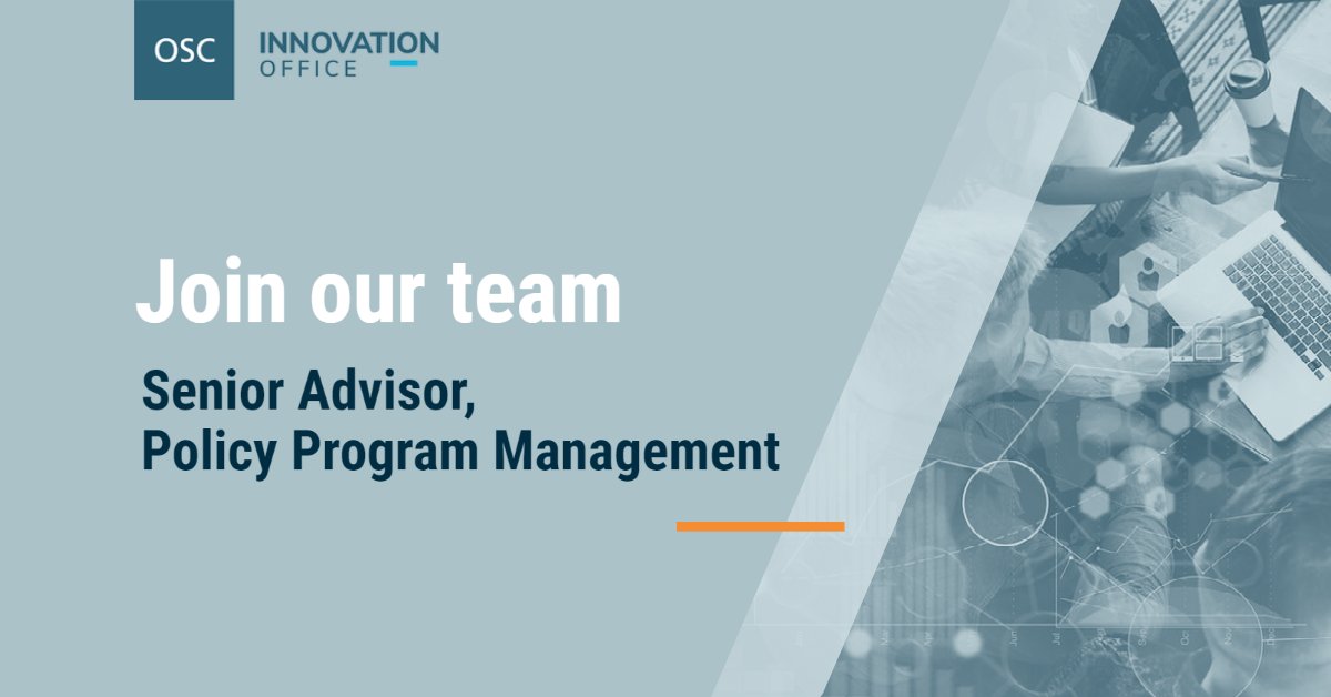 OSC_innovation's tweet image. We’re hiring a Senior Advisor, Policy Program Management to help the Ontario Securities Commission continuously improve our regulatory environment.  
    
Learn more and apply by November 7: osc.wd3.myworkdayjobs.com/en-US/OSCCaree…