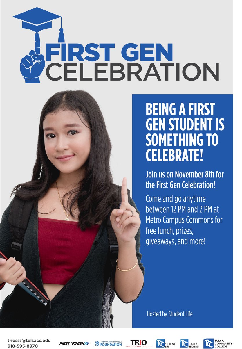 careersTCC's tweet image. 🎉 Don't forget to mark your calendars for this year's First-Gen Celebration🥳

🗓️ Nov 8th
⏰ 12-2 PM
📍 Metro Campus Commons

🍔 Free lunch, prizes, &amp;amp; more!
Hosted by Student Life.

Celebrate our First-Gen students' achievements! 🎉 #FirstGenCelebration #TulsaCC #StudentLife