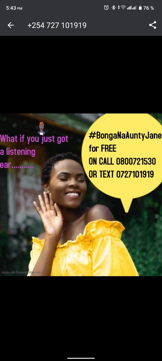 In need of someone to talk to? @YourAuntyJane is always ready to listen. 

#BongaNaAuntyJane for free on 0800721530 bila airtime or text/ WhatsApp 0727101919
@YourAuntyJane