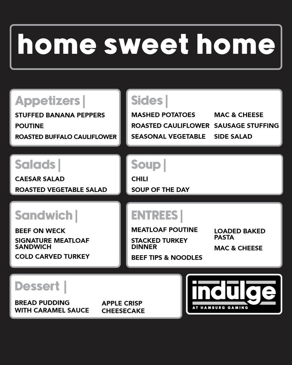 The new "home sweet home" menu coming to indulge at #HamburgGaming will have you feeling nostalgic for the classics! indulge will make you feel right at home with inviting dishes like hearty loaded baked pasta and warm apple crisp. 

Stay updated: bit.ly/3QGbOId